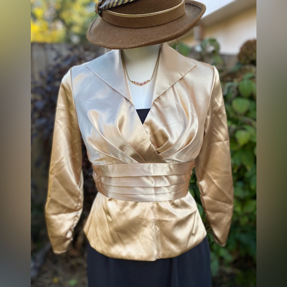 Satin Fitted V Neck Blouse Top Shirt Gold Champagne Holiday